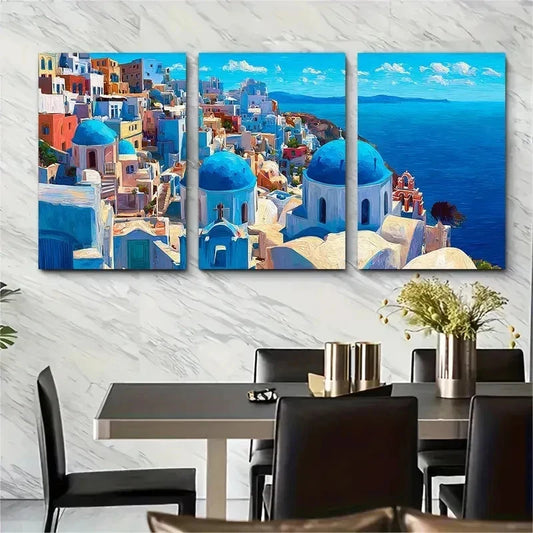 3pcs Greece Santorini Aegean Sea Perfect Wall Art Set Canvas Framed 50x70cm - High Quality Print 100% Australian Made Wall Canvas Ready to Hang