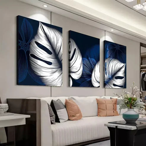 3pcs Modern Abstract Blue & White Leaves Canvas Framed 60x90cm - High Quality Print 100% Australian Made Wall Canvas Ready to Hang