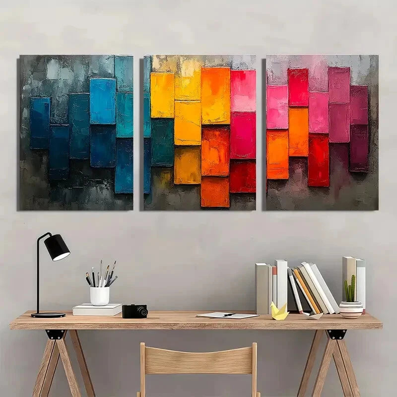 3pcs Minimalist Colorful Block Oil Painting Metal Print Ready to Hang Art