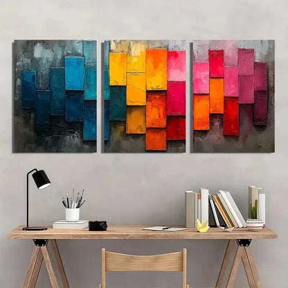 3pcs Minimalist Colorful Block Oil Painting Metal Print Ready to Hang Art