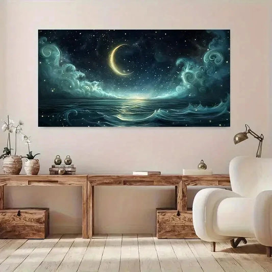 Modern Night Moonlit Stars wall canvas office home room framed 120x60cm