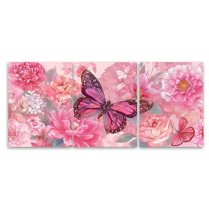 3pcs Butterfly Floral Print Pink Girly Metal Print Ready to Hang Art