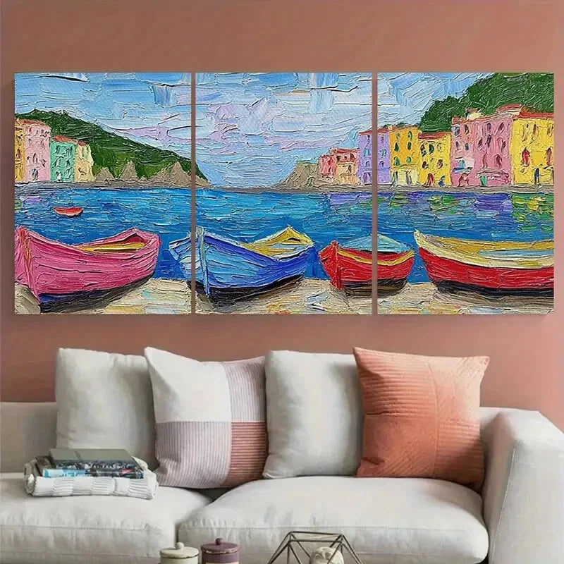 3pcs Pastel Row Boats in an Italian Fishing Metal Print Ready to Hang Art