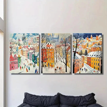 3pcs ,Winter snow scene, urban art, trees, Metal Print Ready to Hang Art