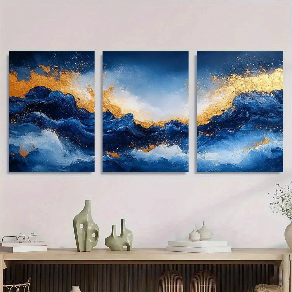 3pcs Blue and Golden Abstract Painting Metal Print Ready to Hang Art