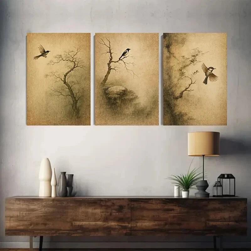 3pcs Japanese-Inspired Tree & Bird Mountain Metal Print Ready to Hang Art