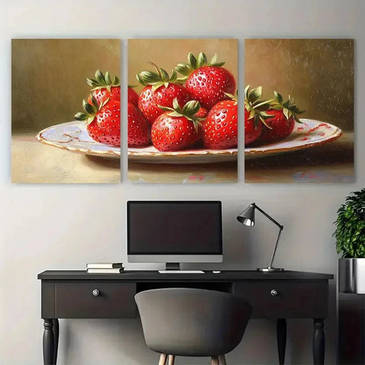 3pcs Vibrant Still Life Strawberry Impasto Design Metal Print Ready to Hang Art