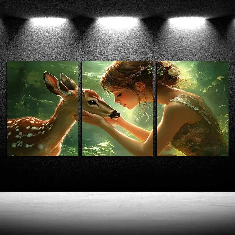 3pcs Girl holding a deer Love Illustration Metal Print Ready to Hang Art