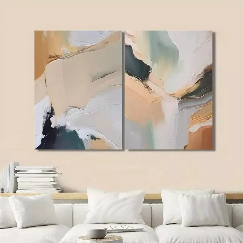 2pcs Decorative, Beige Green Modern Abstract Oil Painting Canvas Framed 50x75cm - High Quality Print 100% Australian Made Wall Canvas Ready to Hang