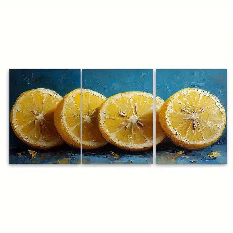 3pcs Lemon Slices Impasto Oil Painting Wall Art Set Canvas Framed 50x70cm - High Quality Print 100% Australian Made Wall Canvas Ready to Hang