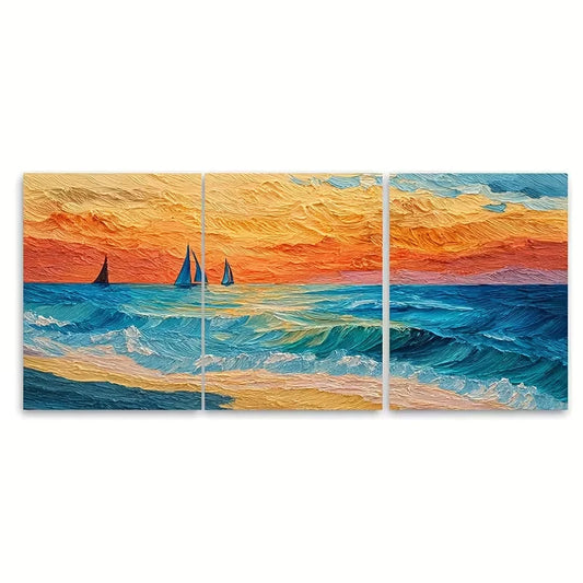 3pcs Sunset Over The Ocean Metal Print Ready to Hang Art