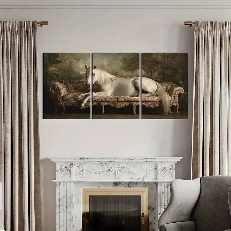 3pcs Elegant White Horse on Ornate Sofa Posters Metal Print Ready to Hang Art