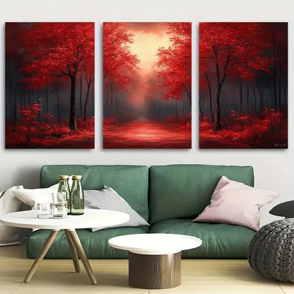3pcs Vibrant Enchanted Red Tree Forest Metal Print Ready to Hang Art