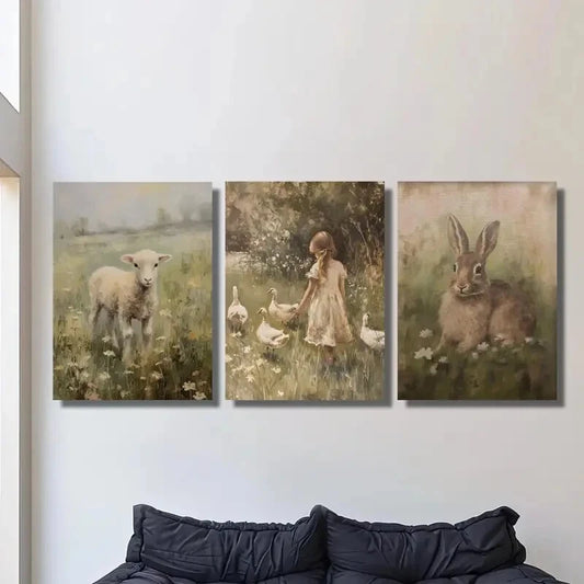 3pcs ,Cute Animal & Pastoral Scenes, Metal Print Ready to Hang Art