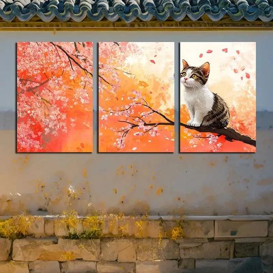 3pcs Vibrant Cat on Cherry Tree Design Metal Print Ready to Hang Art