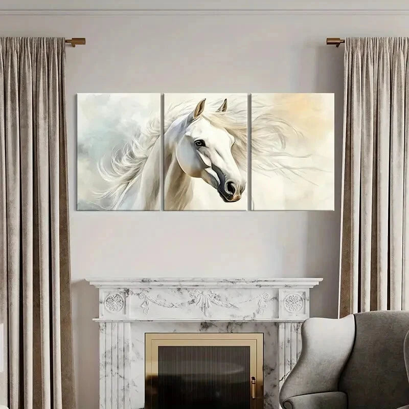 3pcs White Horse Art Equestrian Decor Metal Print Ready to Hang Art