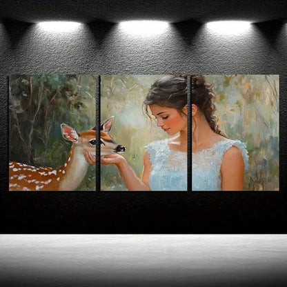 3pcs Cute Girl holding a Deer face Design Metal Print Ready to Hang Art