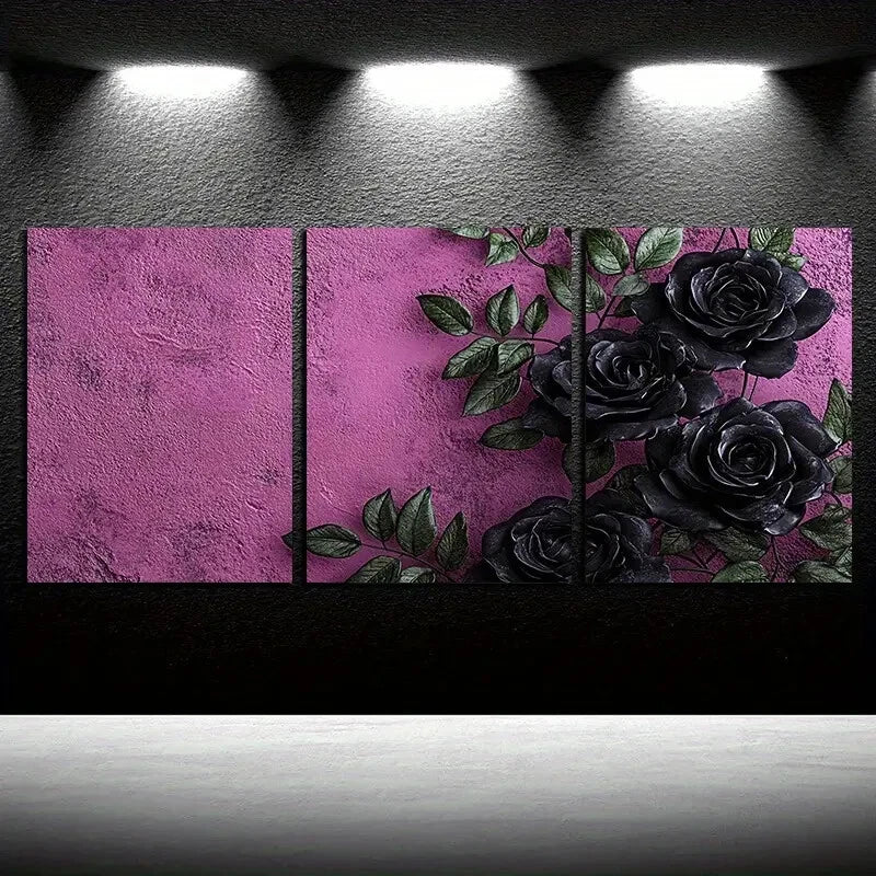 3pcs Purple Rose with Pink Background Design Metal Print Ready to Hang Art