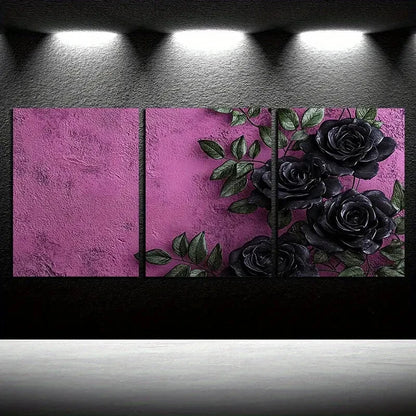 3pcs Purple Rose with Pink Background Design Metal Print Ready to Hang Art