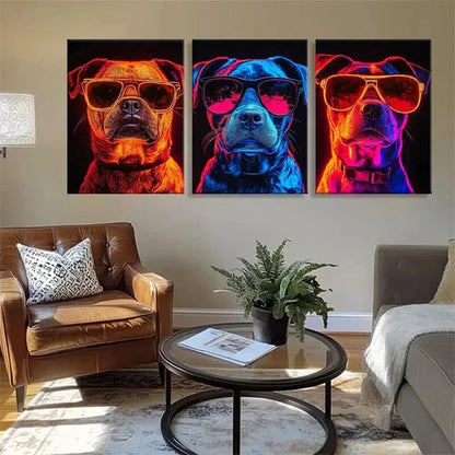 3pcs Stylish Dogs in Neon Fashion Glasses Art Set Canvas Unframed - High Quality Print 100% Australian Made Wall Canvas