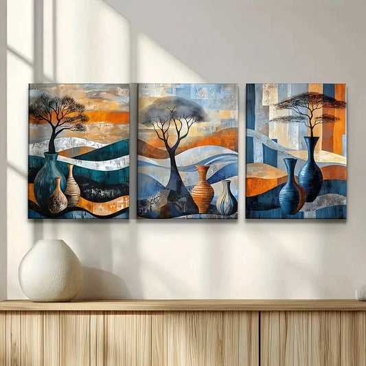 3pcs African Trees and Vase Painting Metal Print Ready to Hang Art
