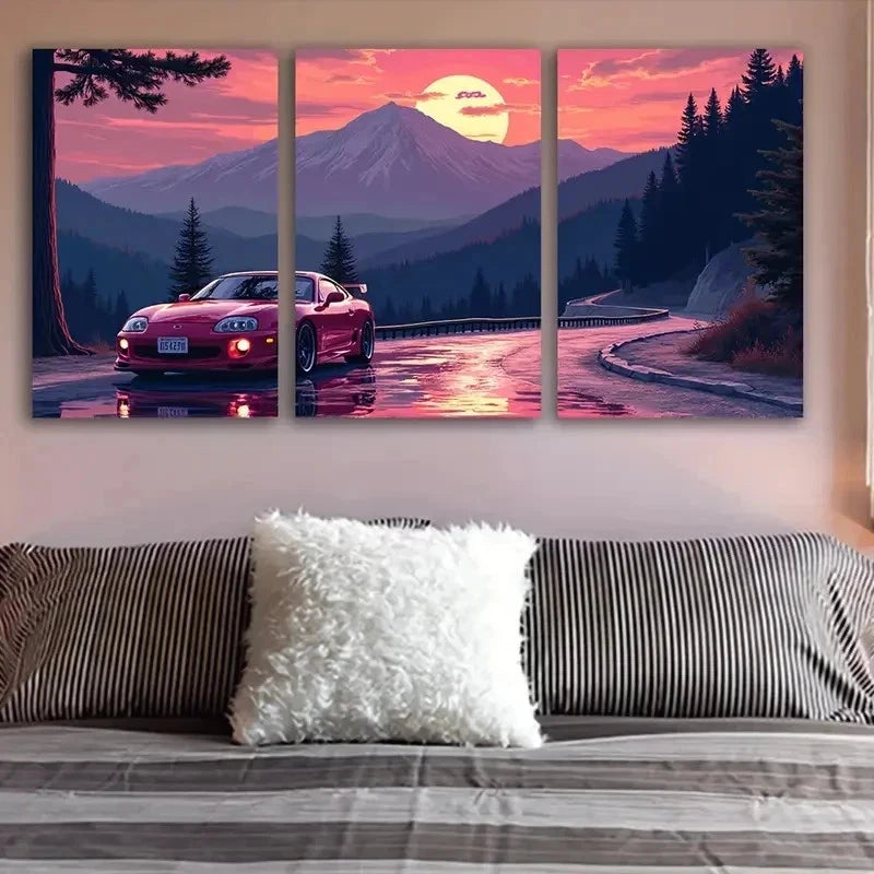 3pcs Red Sports Car On Mountain Road Wall Art Set Canvas Framed 50x70cm - High Quality Print 100% Australian Made Wall Canvas Ready to Hang