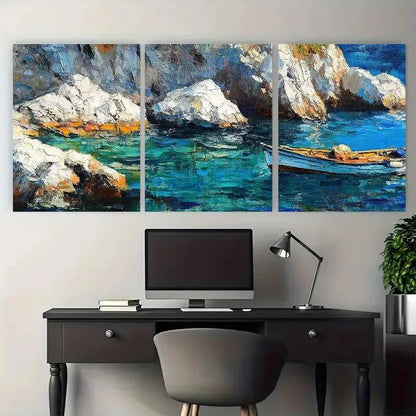 3pcs Mediterranean Seascape Coastal Boat Ocean Metal Print Ready to Hang Art