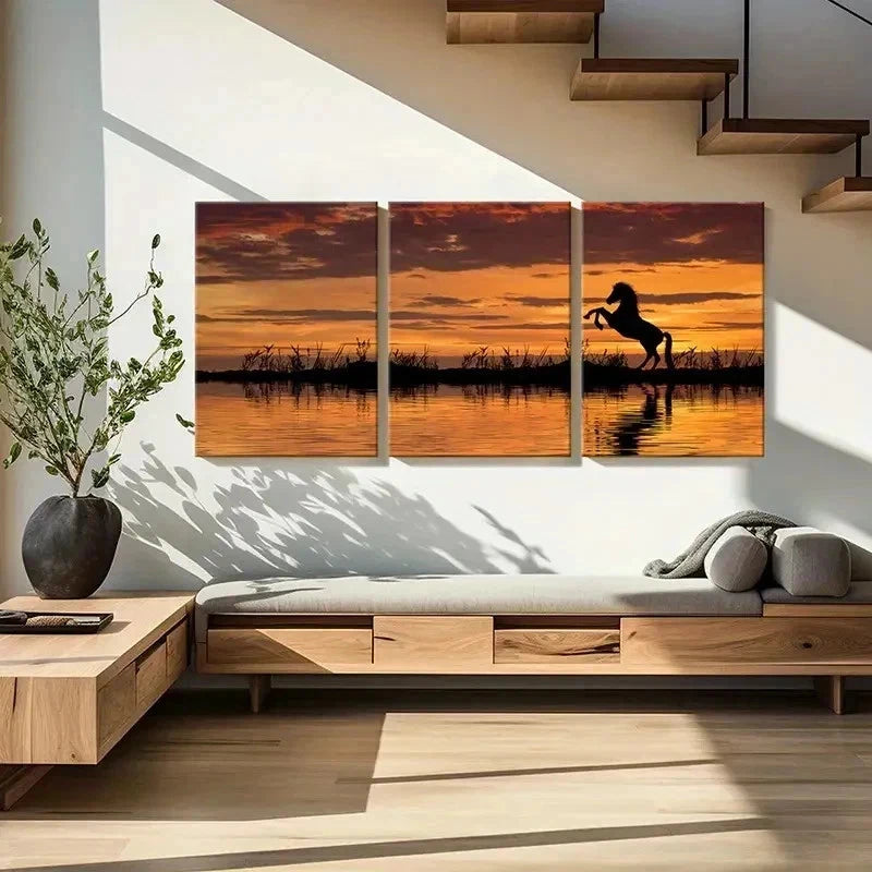 3pcs Animal Art Painting Horse At Sunset Wall Art Set Canvas Framed 40x60cm - High Quality Print 100% Australian Made Wall Canvas Ready to Hang