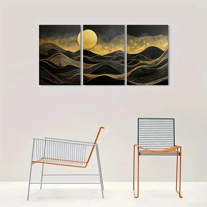 3pcs Golden Moon and Black Waves Metal Print Ready to Hang Art