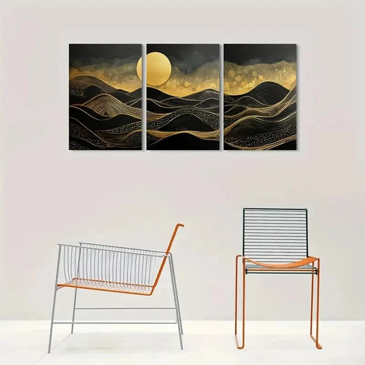 3pcs Golden Moon and Black Waves Metal Print Ready to Hang Art