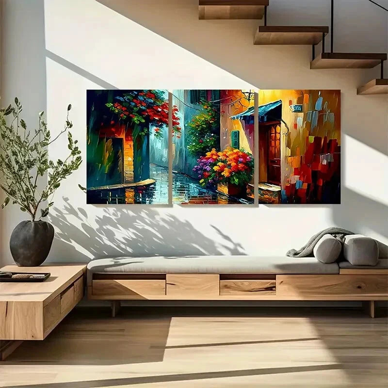 3pcs Vibrant Floral & Urban Street Scene Metal Print Ready to Hang Art