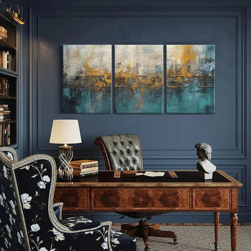 3pcs Abstract Art Modern Design Blue Yellow Metal Print Ready to Hang Art