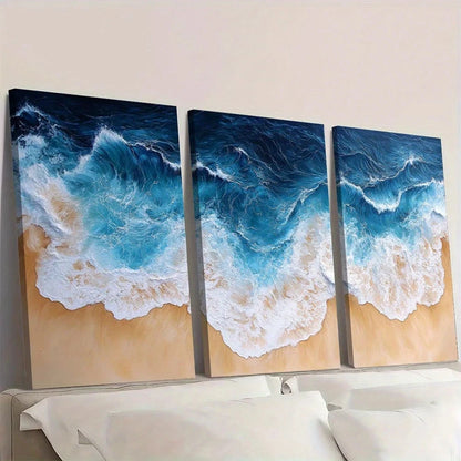 3pcs Panoramic Ocean Beach Sea Waves Wall Art Set Canvas Framed 50x70cm - High Quality Print 100% Australian Made Wall Canvas Ready to Hang