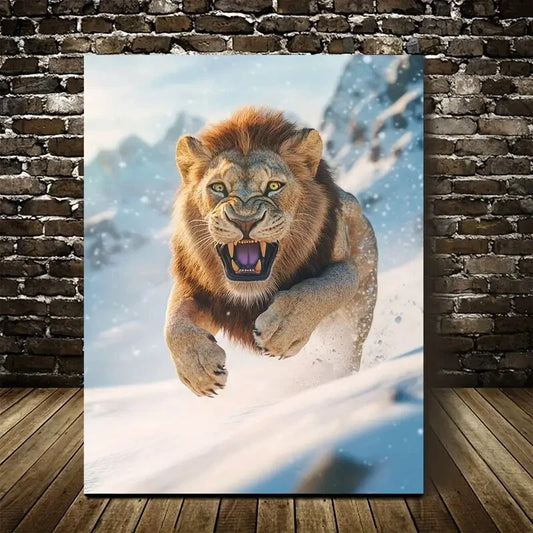 Lion Running on Snowy Mountain Painting 40x60cm Metal Print Ready to Hang