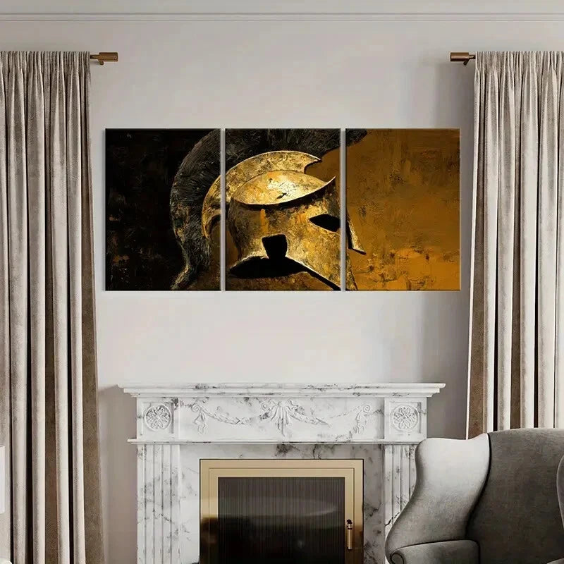 3pcs Set of Vintage Golden Warrior Helmet Metal Print Ready to Hang Art