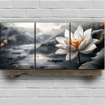 3pcs Water Lily Trio Black and White Metal Print Ready to Hang Art