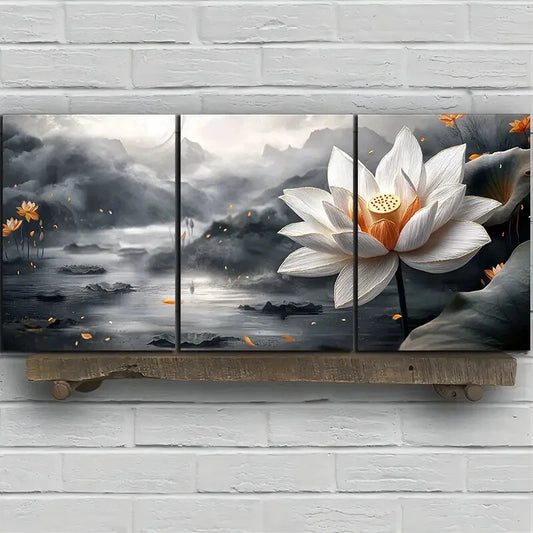 3pcs Water Lily Trio Black and White Metal Print Ready to Hang Art