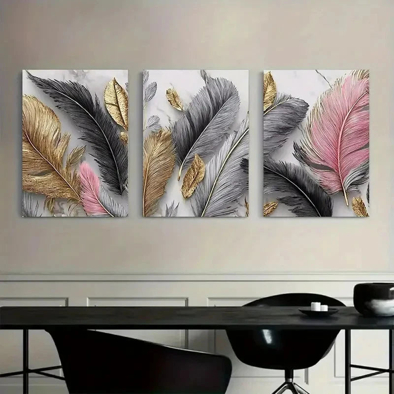 3pcs Feathers And Leaves in Black And Gray Metal Print Ready to Hang Art