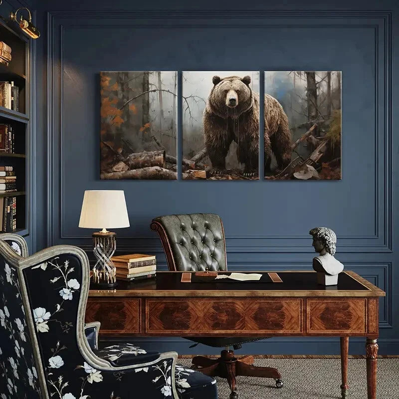 3pcs Artistic Bear Forest Scene Wildlife Decor Metal Print Ready to Hang Art