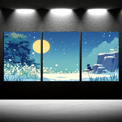 3pcs Moonlit Field with Cat illustration Metal Print Ready to Hang Art