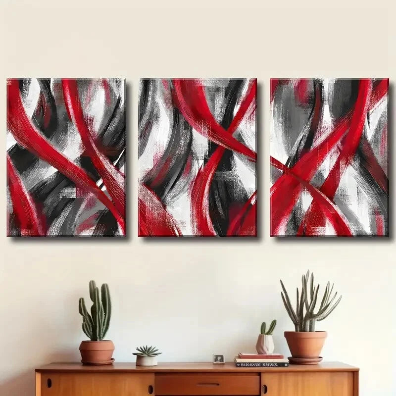 3pcs Abstract Red And Black Geometric Lines Metal Print Ready to Hang Art