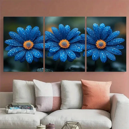 3pcs Blue Daisy Flowers Illustration Metal Print Ready to Hang Art