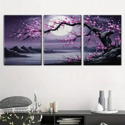 3pcs Moonlit Trees And Plum Blossoms Perfect Wall Art Set Canvas Framed 40x60cm - High Quality Print 100% Australian Made Wall Canvas Ready to Hang