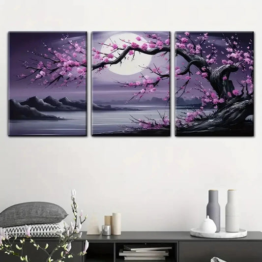 3pcs Moonlit Trees And Plum Blossoms Perfect Wall Art Set Canvas Framed 40x60cm - High Quality Print 100% Australian Made Wall Canvas Ready to Hang