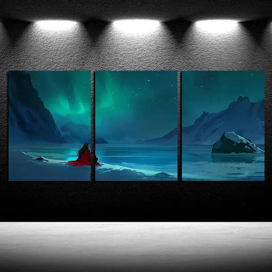 3pcs Vibrant Aurora Borealis Illustration Metal Print Ready to Hang Art