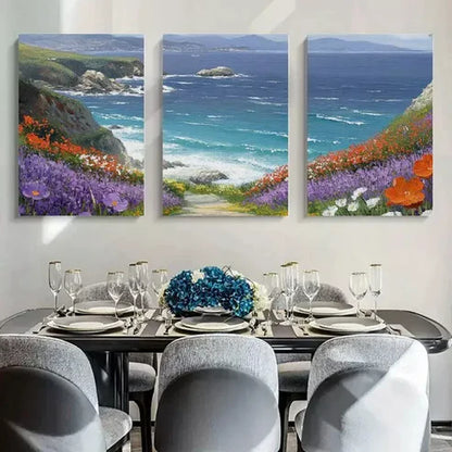 3pcs Flowers With Grass Mountain & Sea Canvas Framed 60x90cm - High Quality Print 100% Australian Made Wall Canvas Ready to Hang