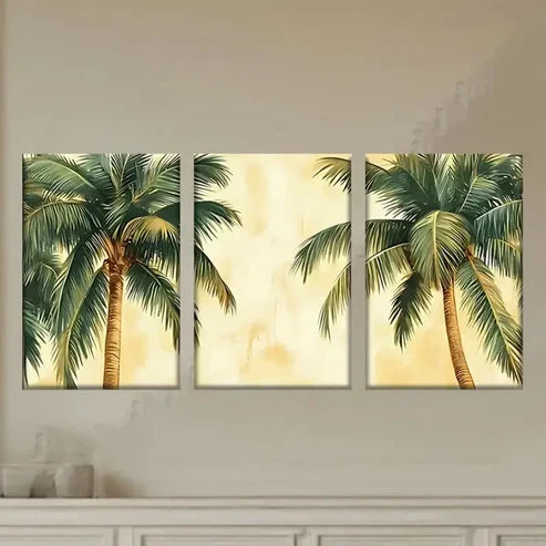 3pcs Palm Trees on a Yellow Background Wall Art Set Canvas Unframed - High Quality Print 100% Australian Made Wall Canvas