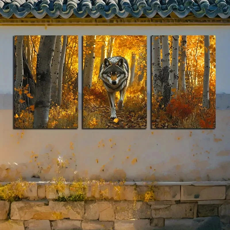 3pcs Vibrant Lonely Wolf in Autumn Forest Metal Print Ready to Hang Art