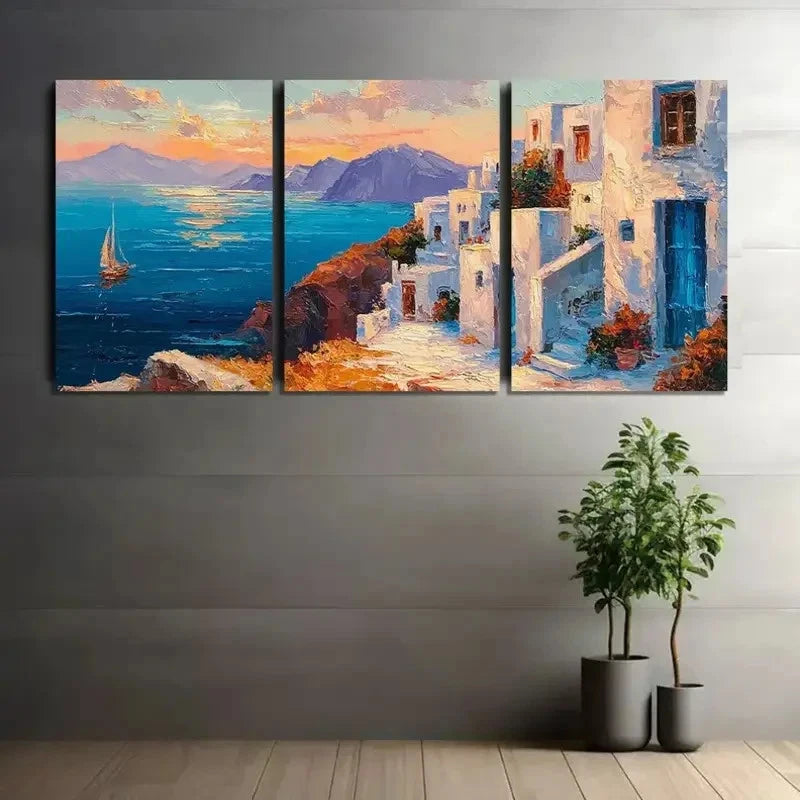 3pcs Oil Painting Vibrant Coastal Scene Metal Print Ready to Hang Art