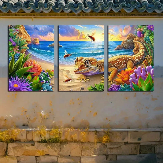 3pcs Vibrant Ocean Sunset Wasps & Lizard Metal Print Ready to Hang Art